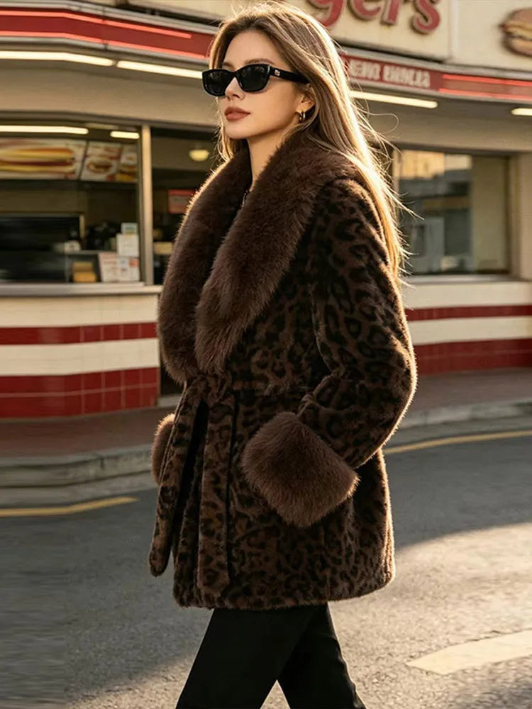 Leopard Print Faux Fur Patchwork Winter Overcoat for Women