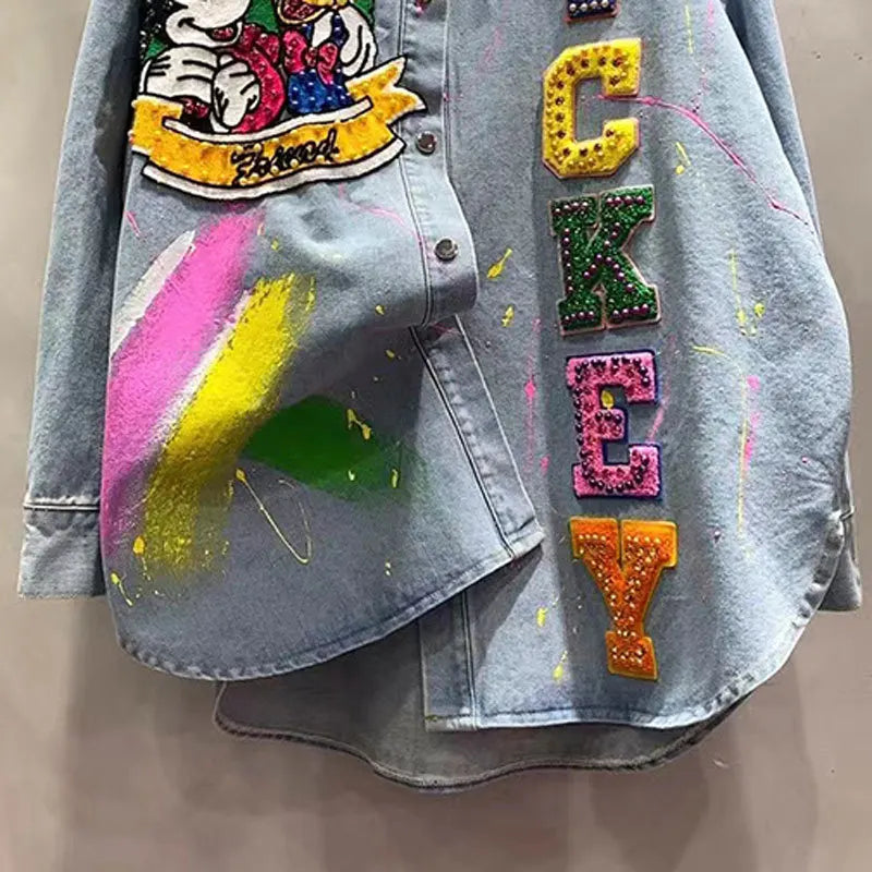 Cartoon Embroidered Shirt Women's Medium And Long Loose Versatile Denim Jacket 2025 Autumn New Fashion Single-breasted Outerwear