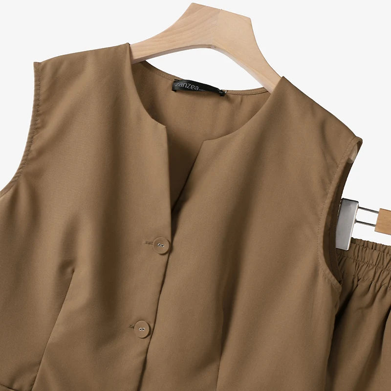 ZANZEA Women 2pcs Matching Sets Fashion Sleeveless Waistcoat Suits Office Lady Wide Leg Pants Casual Loose Solid Retro Outfits
