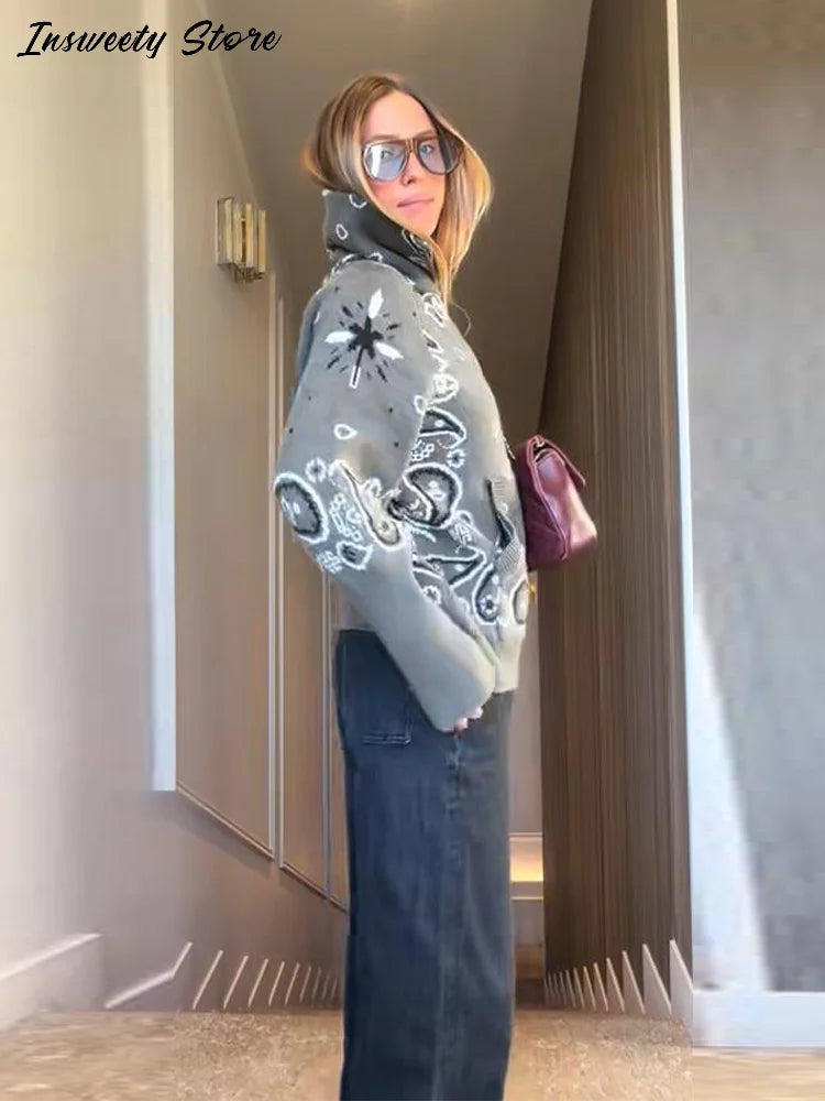 Vintage Printed Knit Stand Collar Zip Cardigan for Women