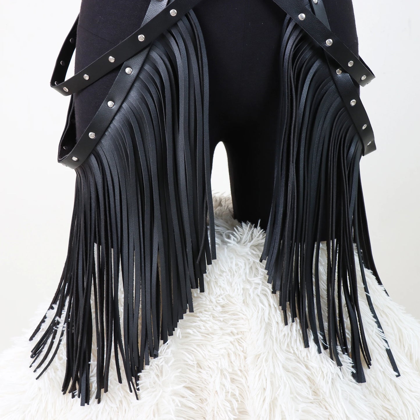 Gothic Leather Harness Skirt With Fringe for Women