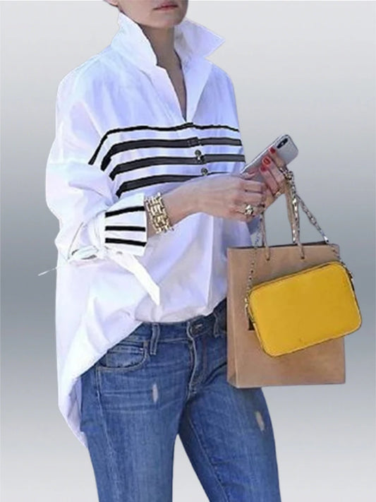 Lemongor Women's Lapel Shirts 2025 New Spring Fashion Striped Contrast Color Buttoned Flared Sleeves Loose Urban Casual Blouses