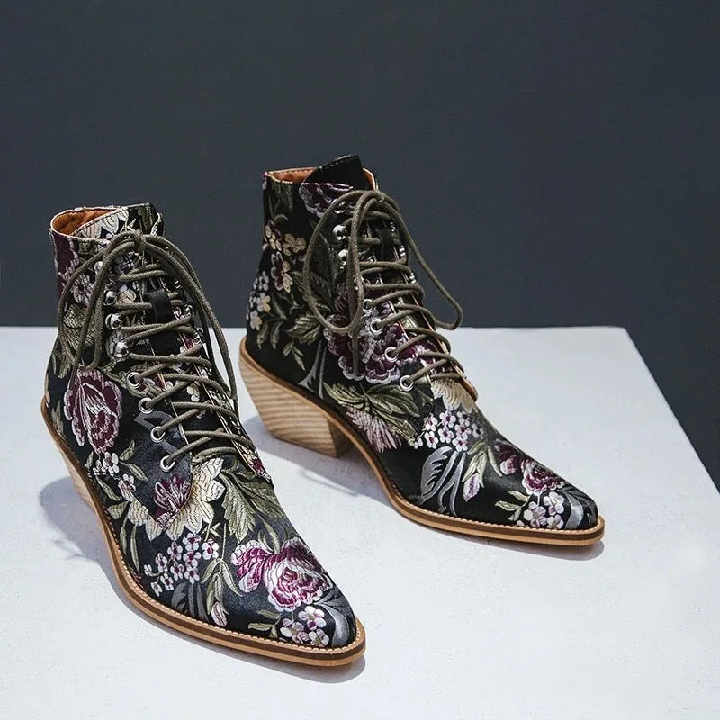 Blue Embroidered Flower Chinese Style Ankle Boots For Women