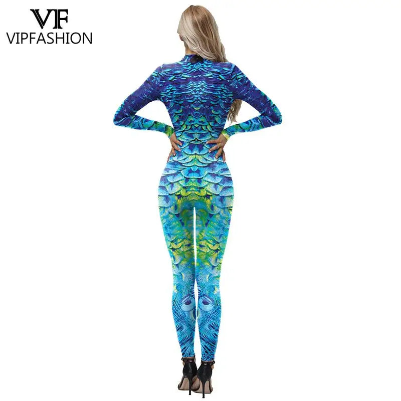 Peacock Feather Print Long Sleeve Elastic Jumpsuit for Women