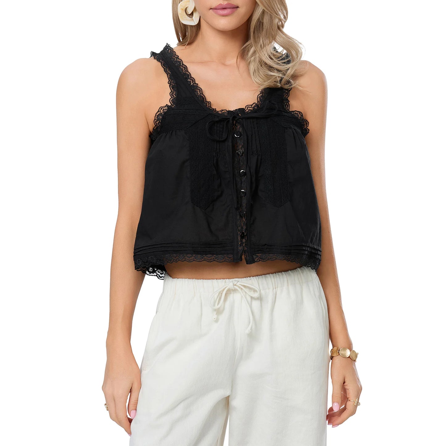 Spaghetti Strap Mesh Flowy Lace Trim Crop Top for Women