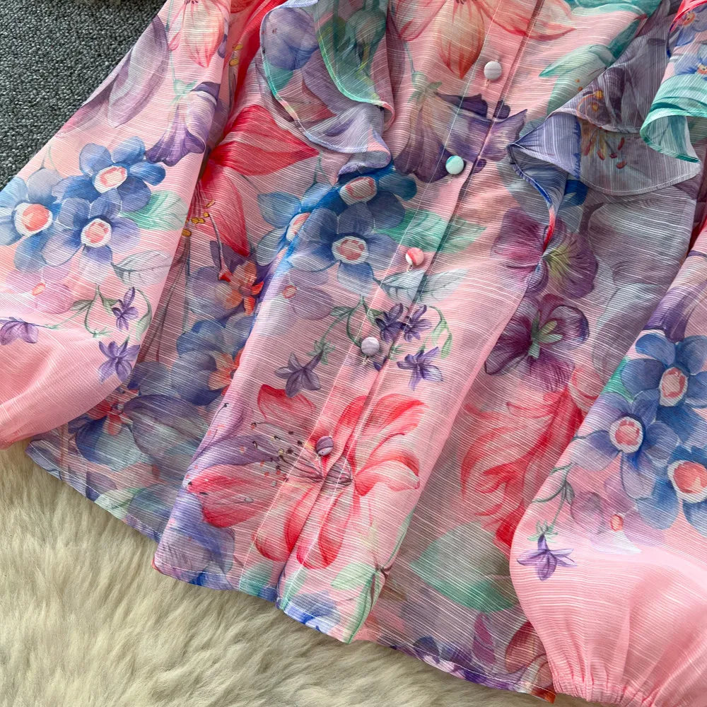Floral Two Piece Skirt Set With Long Sleeves for Women