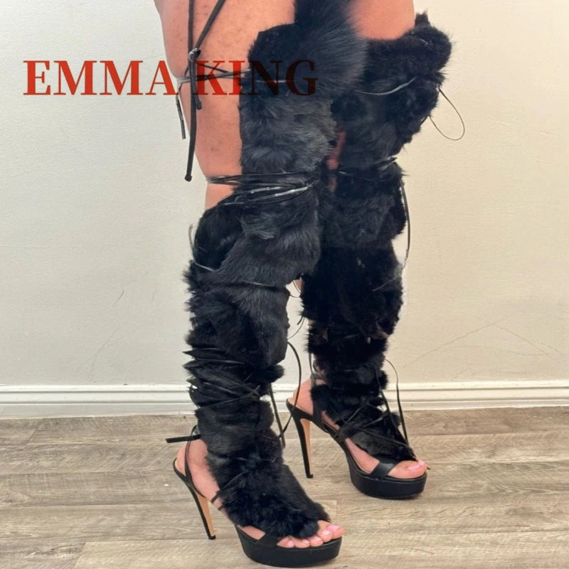 Faux Fur Wrap Cross Tied Platform Open Toe Sandals for Women