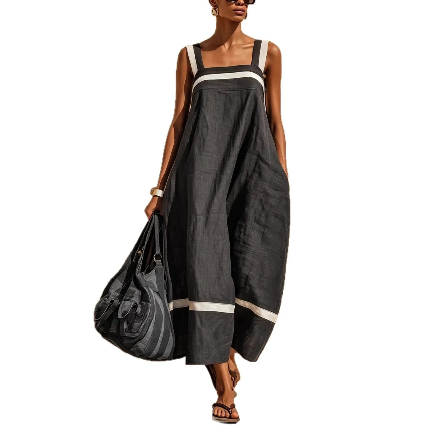 Contrasting Color Stripe Square Neck Spaghetti Strap Pocket Dress for Women