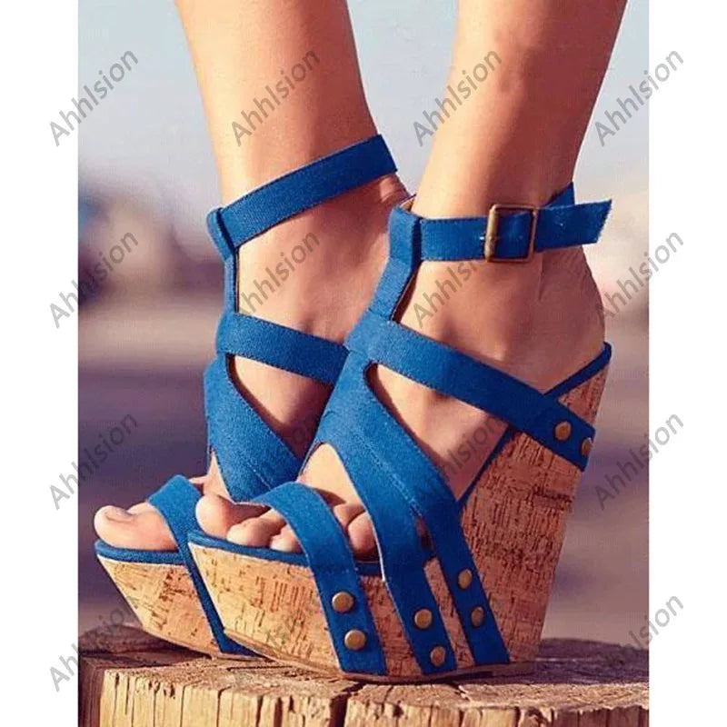 Elegant Round Toe Blue Platform Wedge Sandals For Women