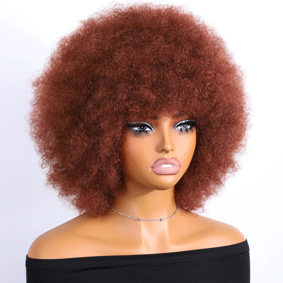 Human Hair Afro Kinky Curly Bob Wig with Glueless Cap for Women