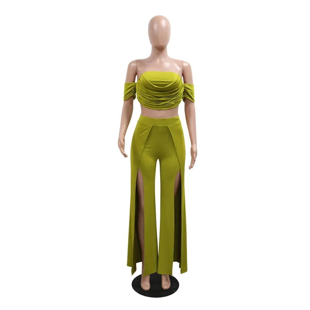 Ruched Slash Neck Top and Wide Leg Pants Set for Women