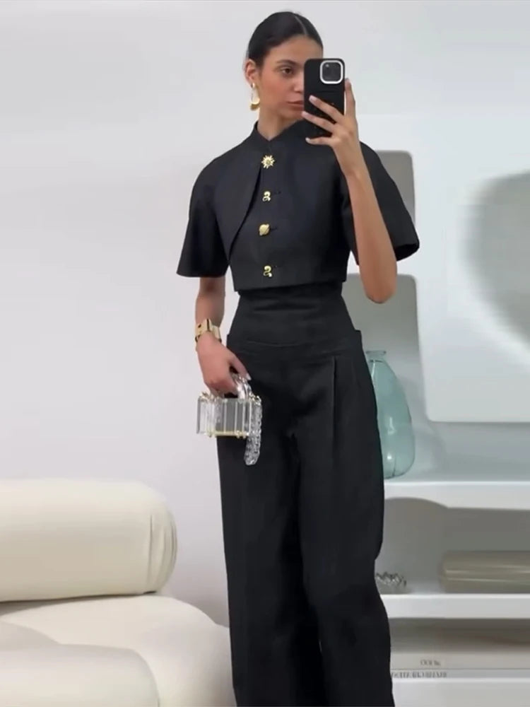 Street Denim Casual Top and Wide Leg Pants Set for Women