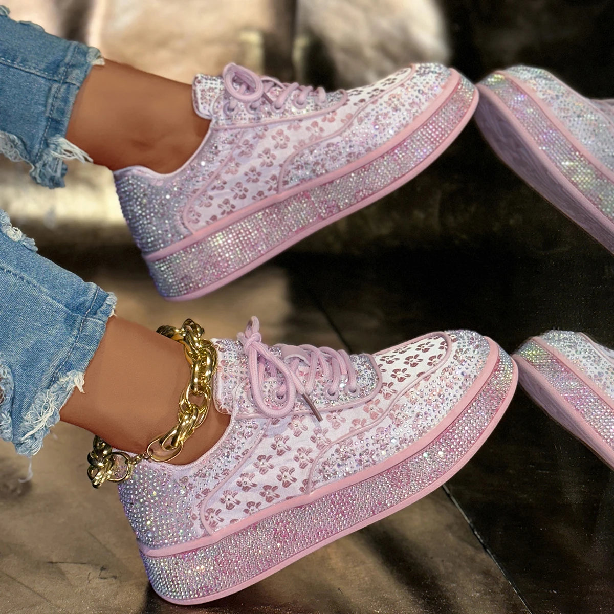 Elegant Pink Crystal Flower Lace Up Casual Flats for Women