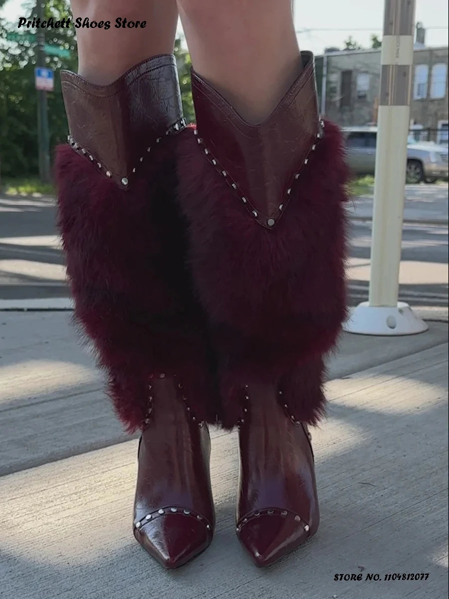 Studded Faux Fur Knee High Open Toe Stiletto Boots for Women