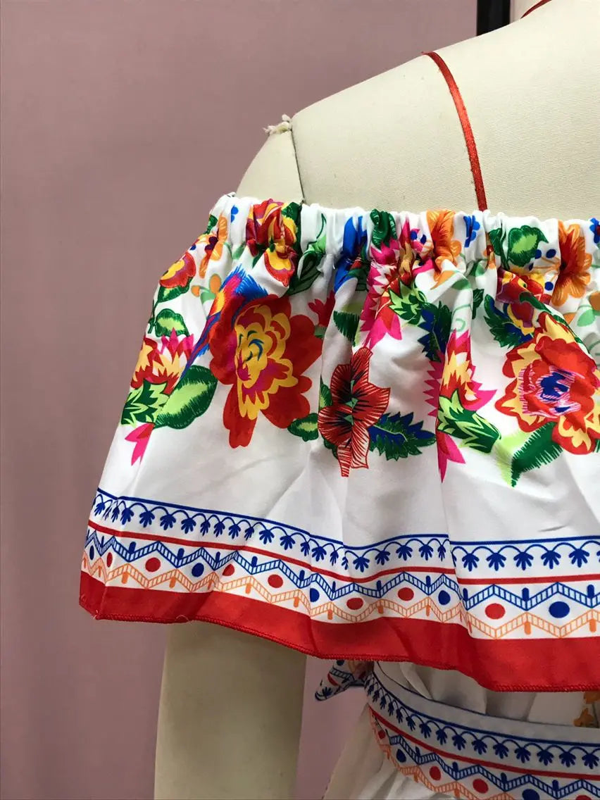 Floral Print Off Shoulder High Waist Dress for Women