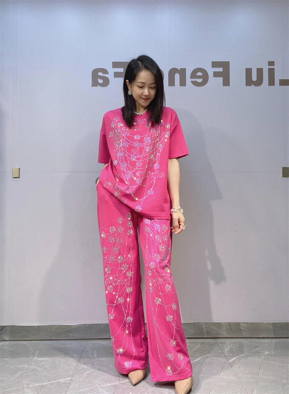 Elegant Lady Summer Two-piece Set Luxury Space Cotton Hot Diamonds Loose Short Sleeve T-shirt Top + Elastic Waist Wide Leg Pants