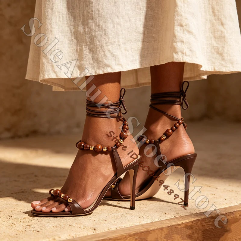 Metallic Gold Open Toe Lace Up Wood Bead Stiletto Sandals for Women