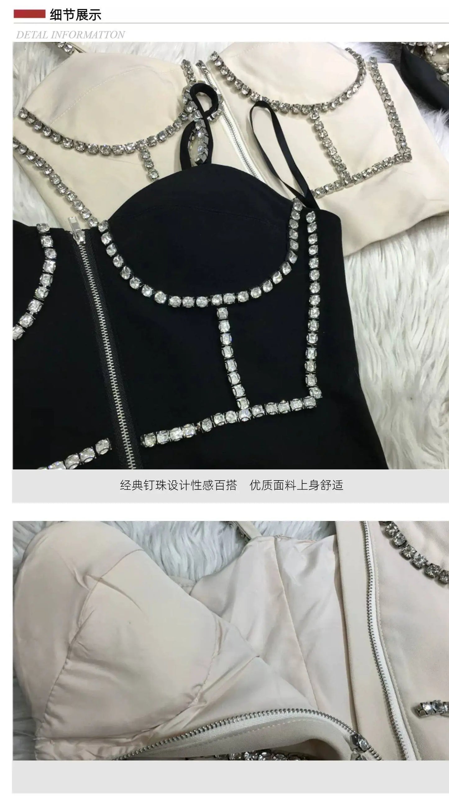 Fashion New Spring Summer Thin Shoulder Strap Camisole Hot Girl Diamonds Sexy Breast Pad Tube Top High Waist Zip Crop Tanks Tops