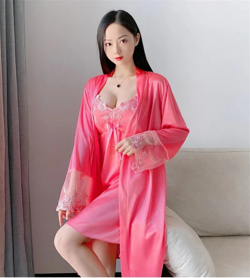 Comfortable Relaxed Fit Lace Up Two Piece Robe Set For Women