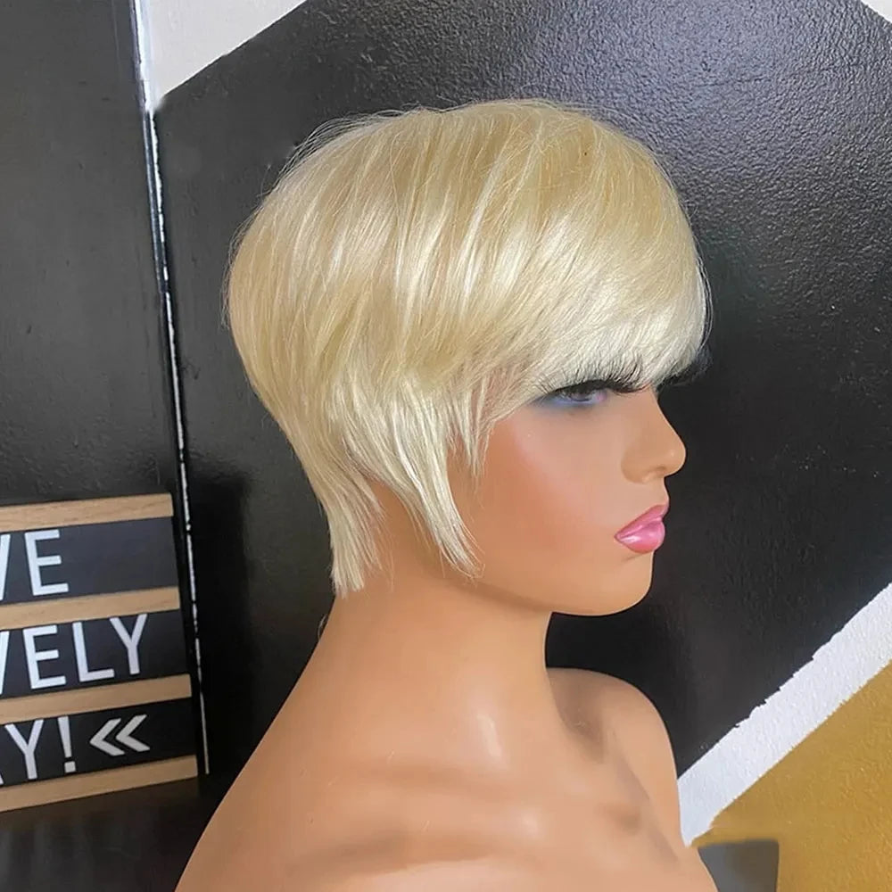 Short Platinum Blonde Pixie Cut Human Hair Wig for Women
