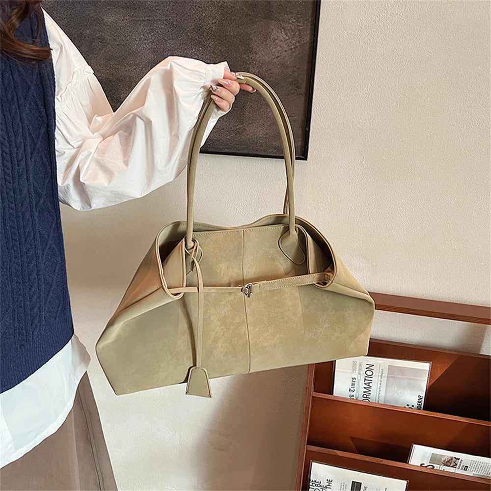 Luxurious Faux Suede Pure Color Retro Shoulder Tote Bag for Women