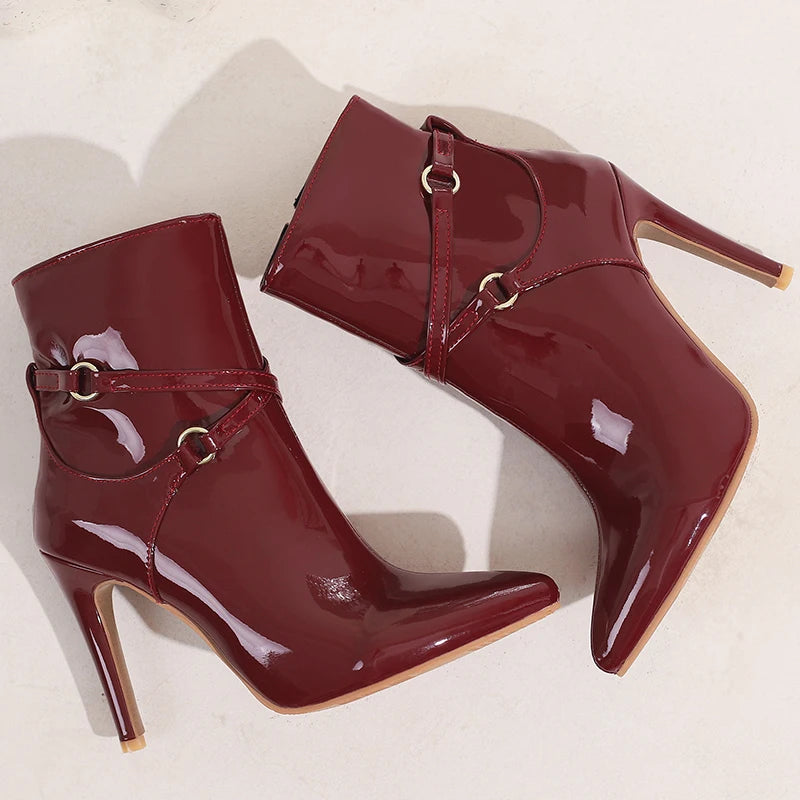 Glossy Patent Leather Pointed Toe Stiletto Ankle Boots for Women