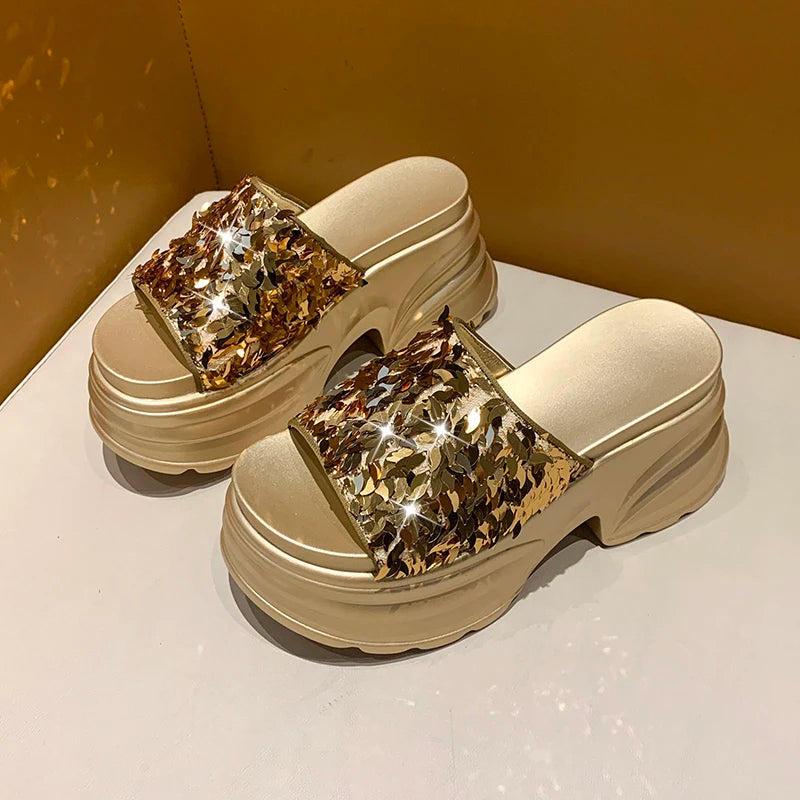 Metallic Sequined Platform Wedge Sandals for Women