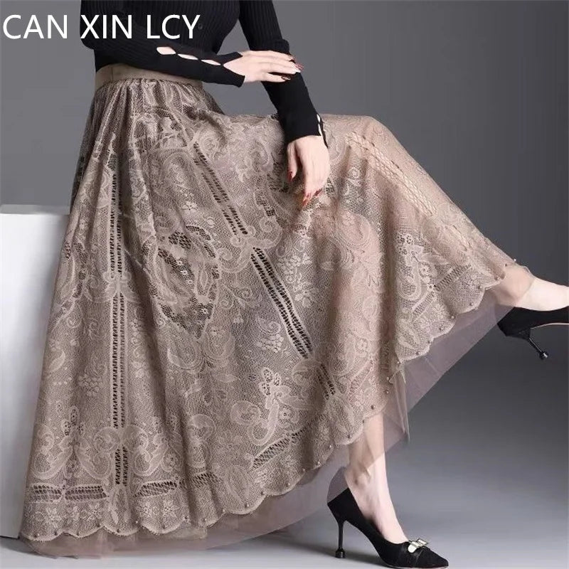 High Waist Lace Skirt With Hollow Out Studded Details For Women