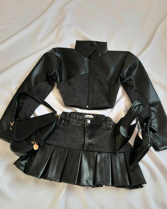 Harajuku Gothic Leather-Spliced Set