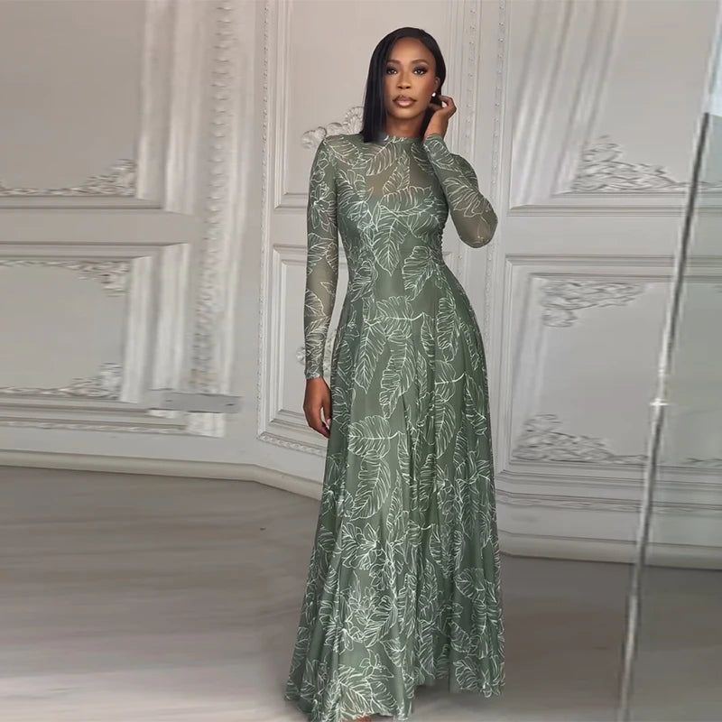 Beach Print Pleated Long Sleeve Maxi Dress for Women