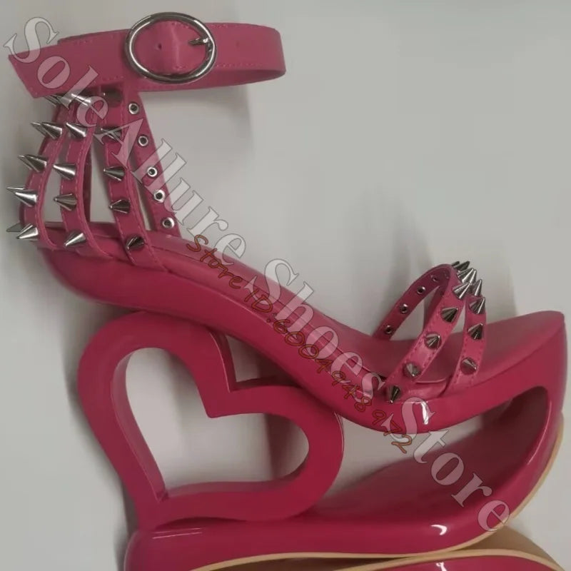 Glossy Patent Leather Spiked Heart Cage Wedge Sandals For Women
