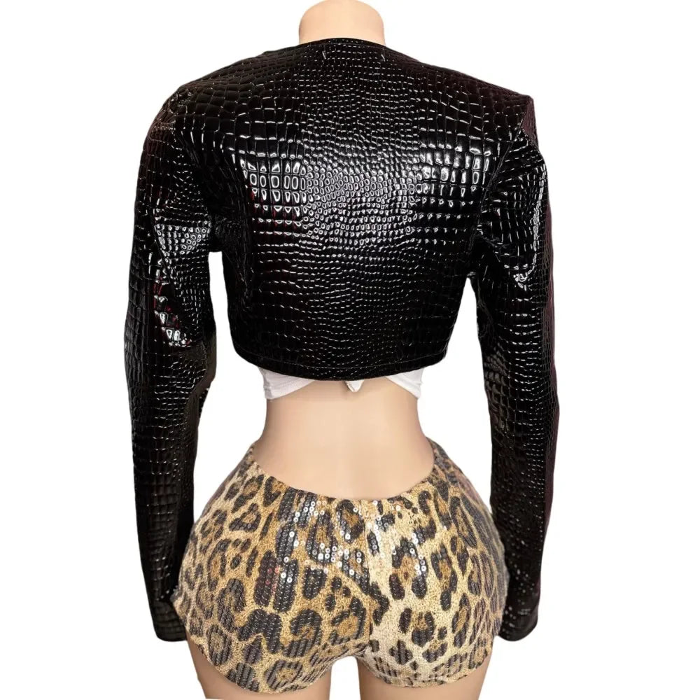 Chic Leopard Print Sequin Three Piece Set for Women