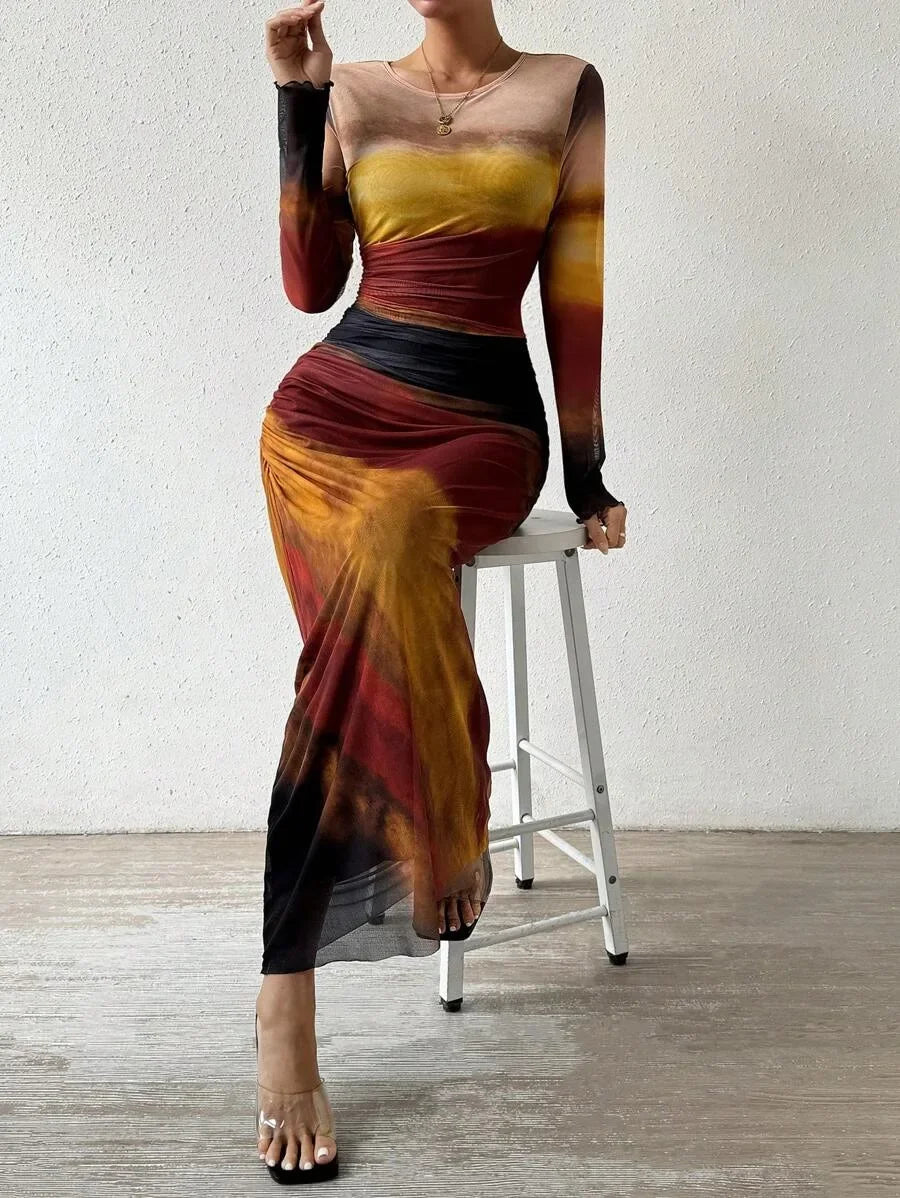 High Waist Dresses for Woman Fashion Printed Sexy Tight Fitting Slit Round Neck Dress Long Sleeves Skirt Streetwear Autumn 2024