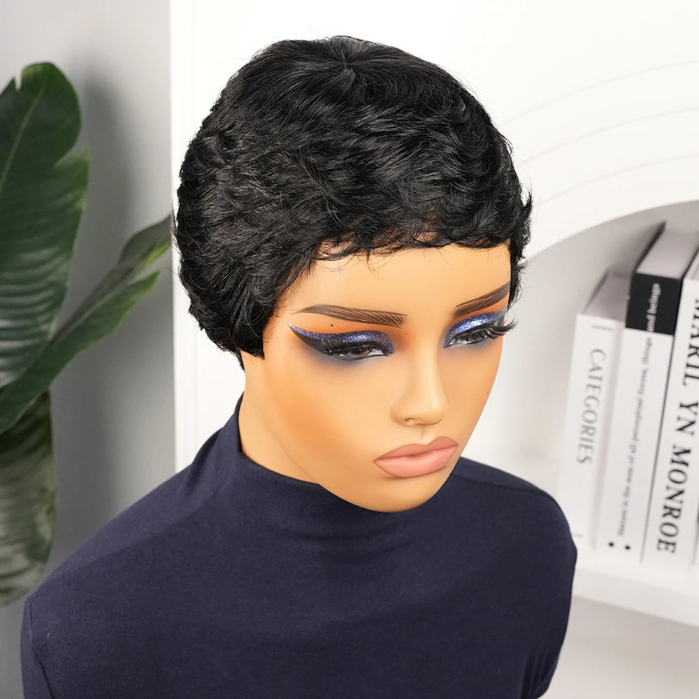 Black Short Straight Brazilian Hair Pixie Wig Preplucked Hairline For Women