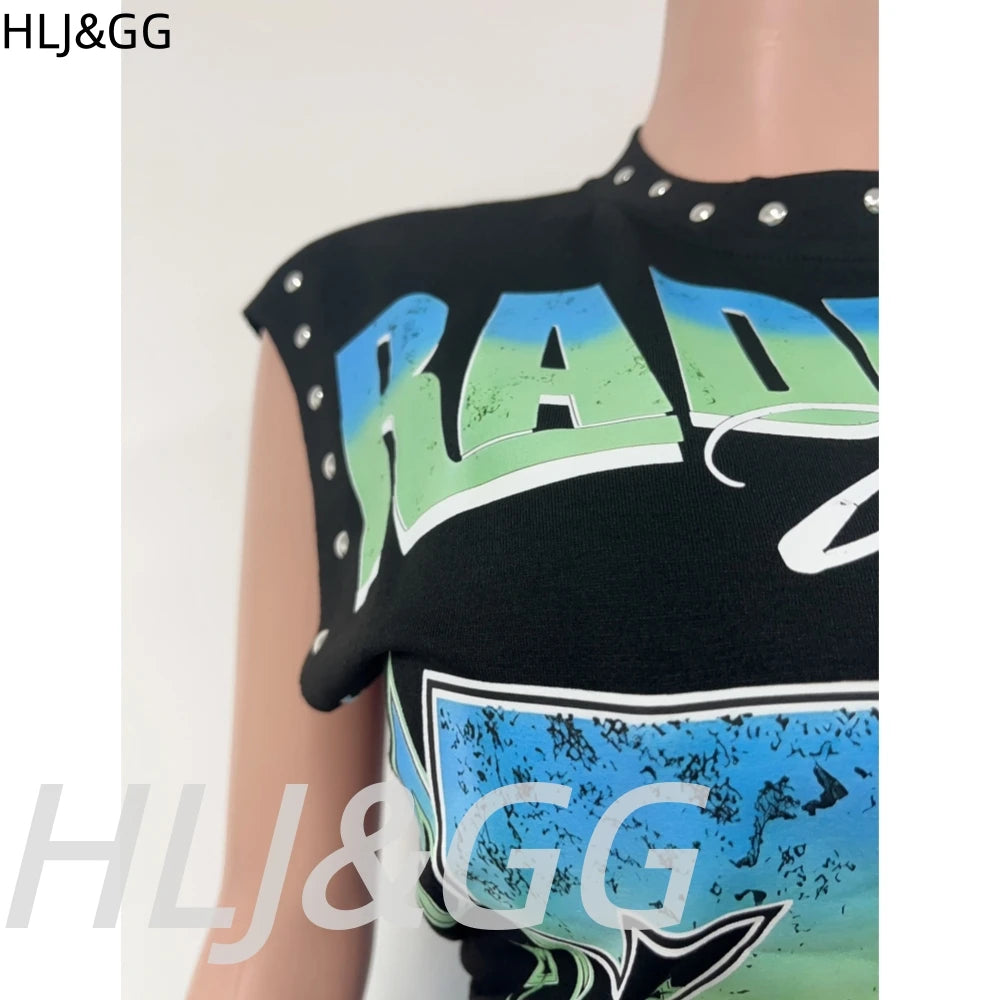 Trendy Letter Print O Neck Sleeveless Two Piece Set for Women