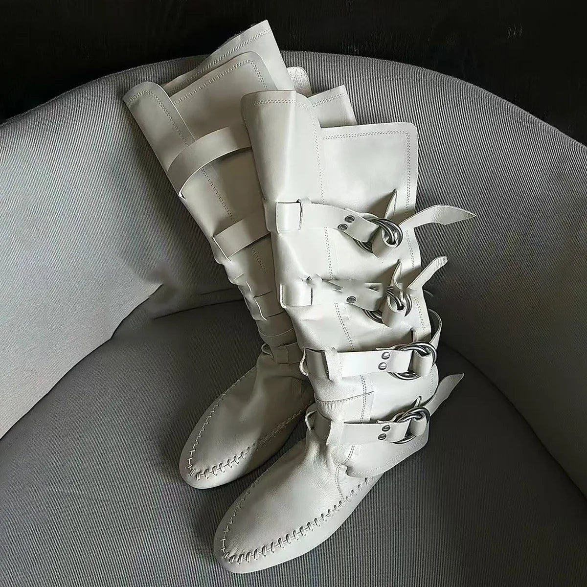 Flat Bottom Real Leather Mid Calf Boots With Metal Buckle For Women