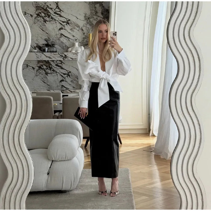 Elegant Bow Detail Pleated Long Sleeve V Neck Blouse for Women