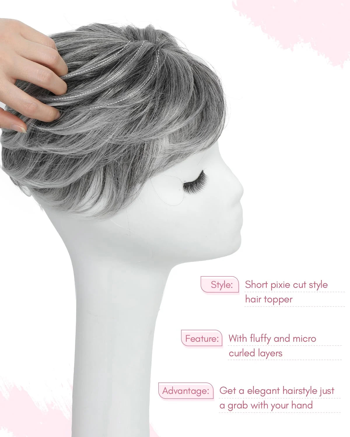 Grey Pixie Cut Hair Toppers for Women 6.8' X 7' Fluffy Wavy Synthetic Hair Topper Clip-In Short Hair Extensions