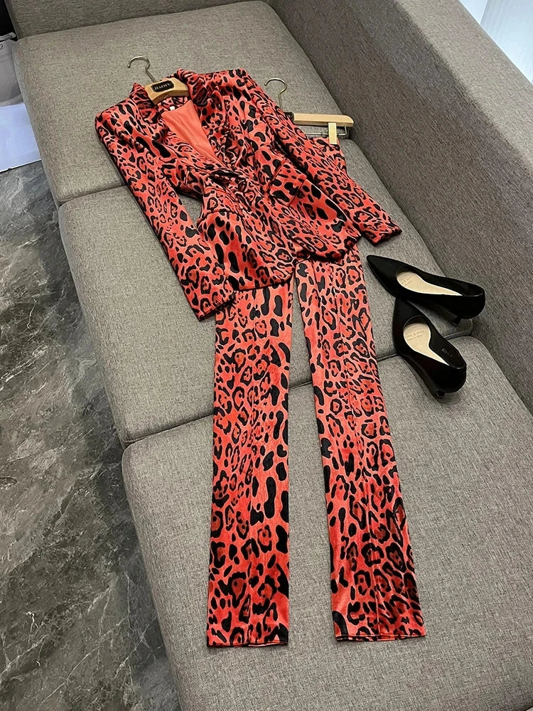 HIGH STREET Newest Fashion 2026 Designer Suit Set Women's Single Button Leopard Printed Velvet Blazer Pencil Pants Suit 2PCS