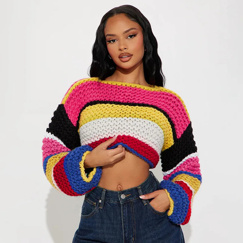 Rainbow Check Cropped Long Sleeve Knit Sweater for Women