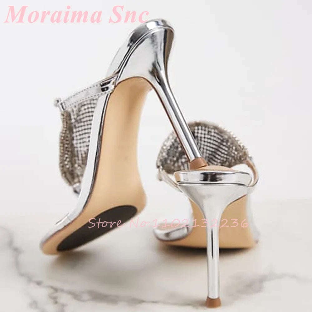 Mirror Silver Metallic Stiletto Heel Mule Sandals For Women