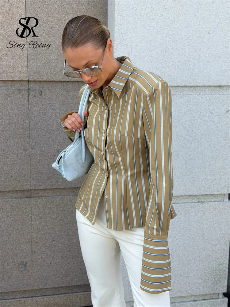 French Retro Striped Button Up Long Sleeve Blouse for Women