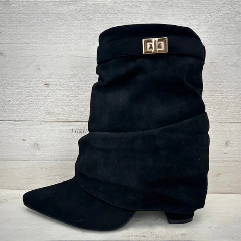 Suede Pointed Toe Metal Buckle Chunky Heel Mid Calf Boots For Women