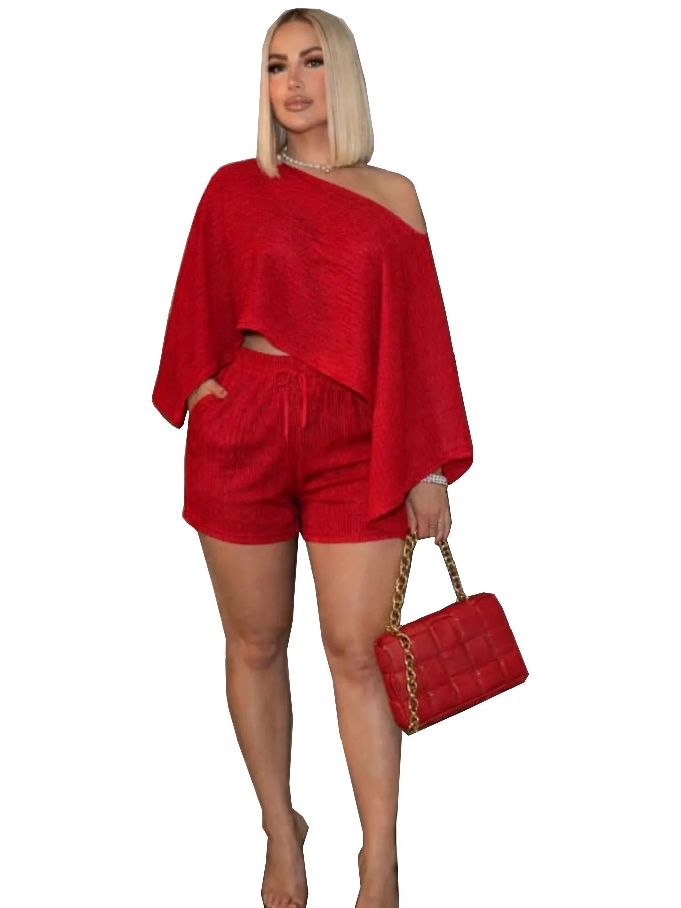 Off Shoulder Bat Sleeve Top Two Piece Set for Women