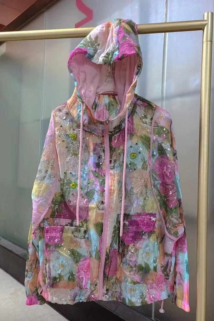 Rhinestone Embellished Hooded Chiffon Top