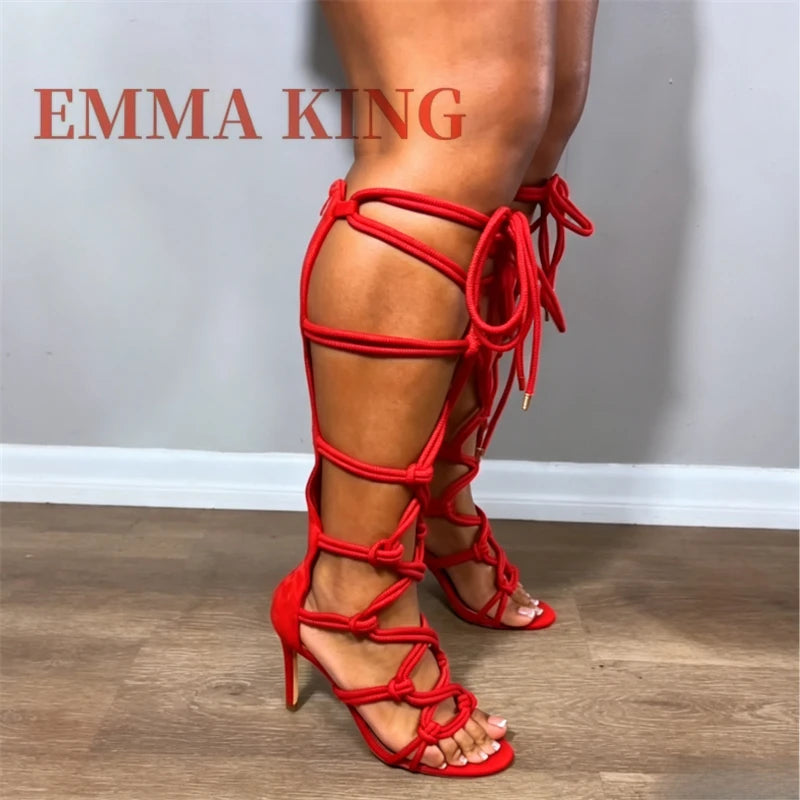 Rope Lace Up Knee High Gladiator Open Toe Sandals for Women