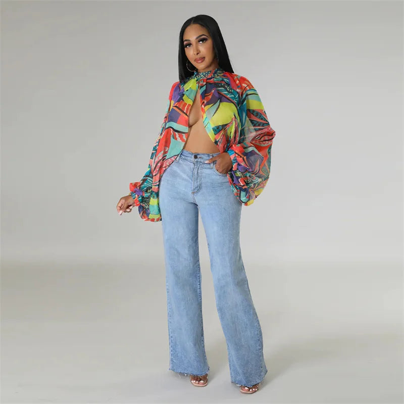Printed Batwing Sleeve Chiffon Blouse With Sheer Front for Women