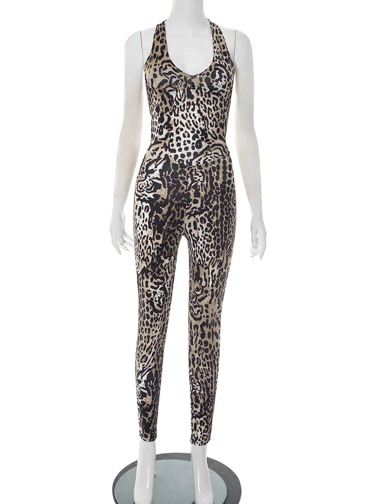 Leopard Print Sleeveless Jumpsuit with Stretch for Women