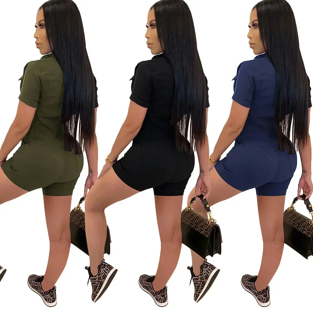Summer V Neck Mesh Cargo Short Jumpsuit for Women