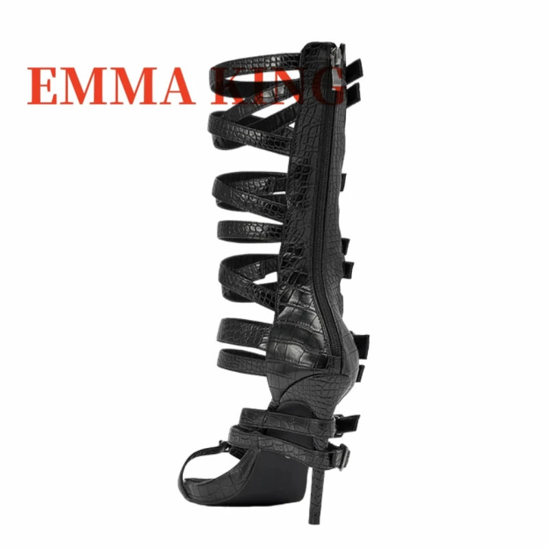 Crocodile Embossed Open Toe Gladiator Sandals With Back Zipper for Women